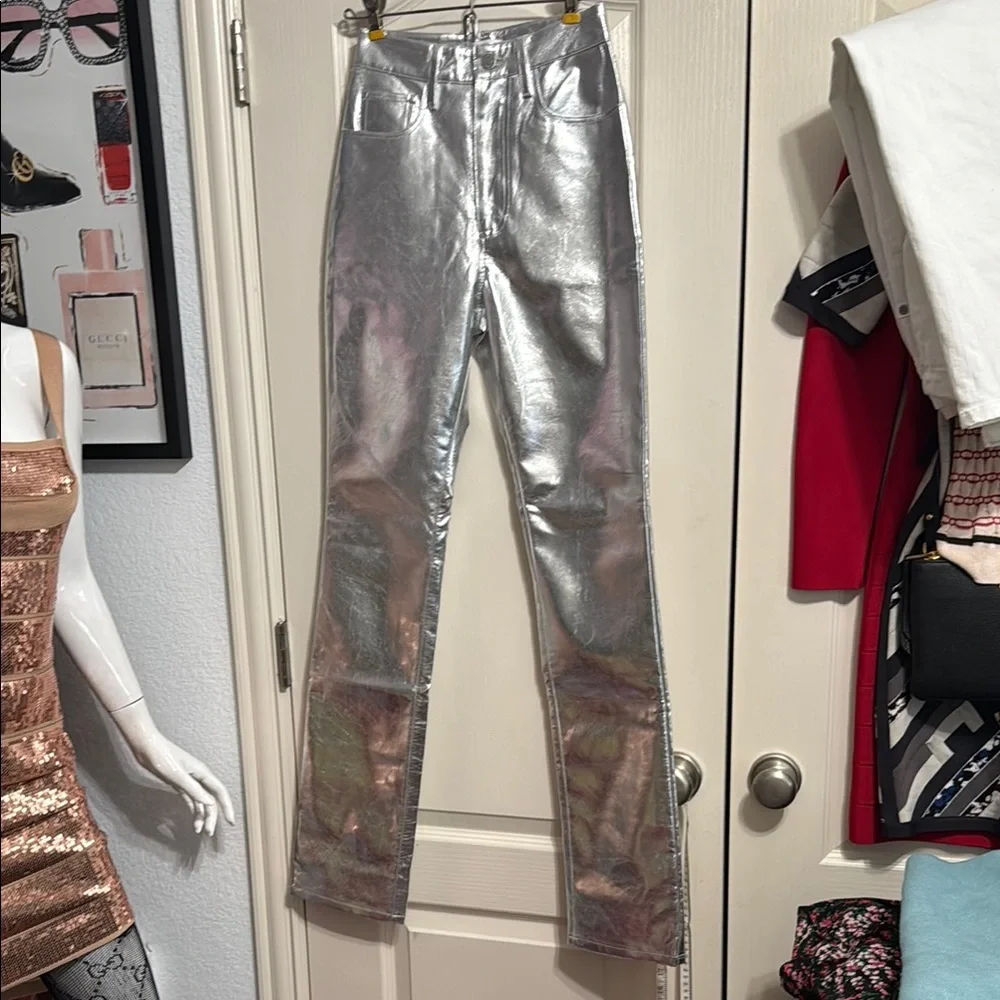WeWoreWhat Silver Mirror Straight Leg Faux Leather Pants Futuristic Cybercore